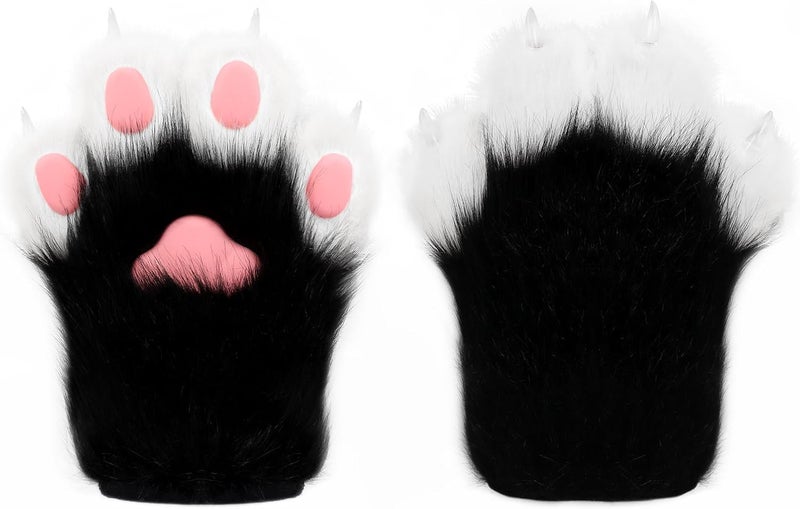 hbbhml Faux Fur Plush Furry Cat Claw Gloves Fursuit Animal Fox Paws Mittens Halloween Cosplay Costume Accessories for Adult - Image 1